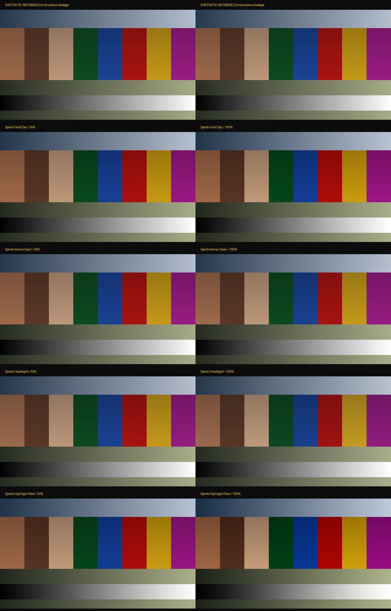 Sports Action LUT Pack: synthetic reference and eight look-strength comparisons; not camera footage