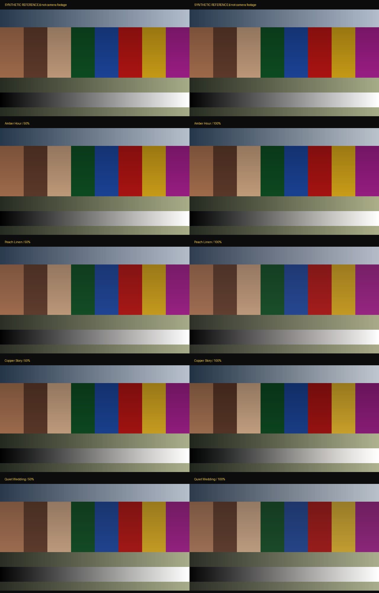 Warm Portrait LUT Pack: synthetic reference and eight look-strength comparisons; not camera footage